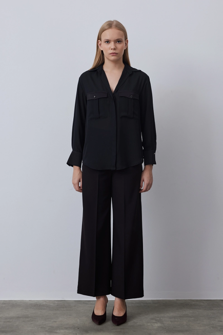 Relaxed Fit Shirt with Satin Pockets - Black Black