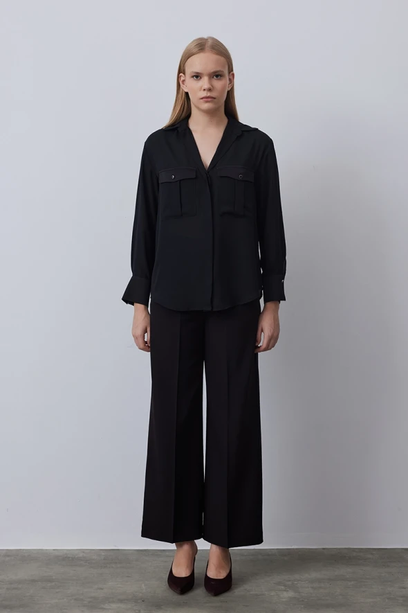 Relaxed Fit Shirt with Satin Pockets - Black - 1