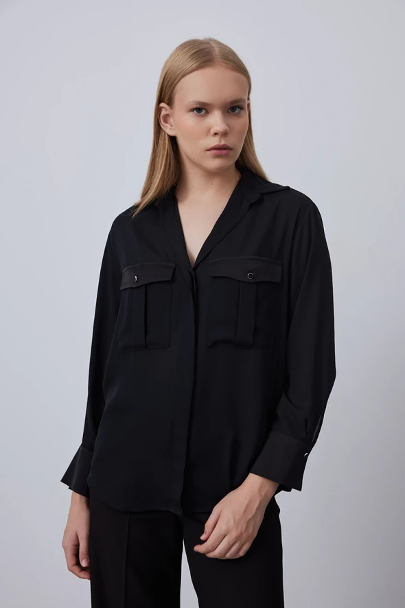 Relaxed Fit Shirt with Satin Pockets - Black - 2