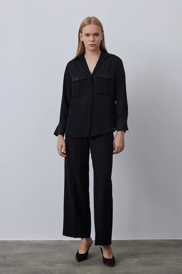 Relaxed Fit Shirt with Satin Pockets - Black - 3