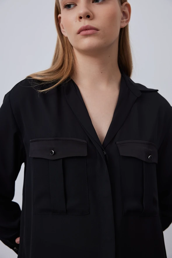 Relaxed Fit Shirt with Satin Pockets - Black - 4