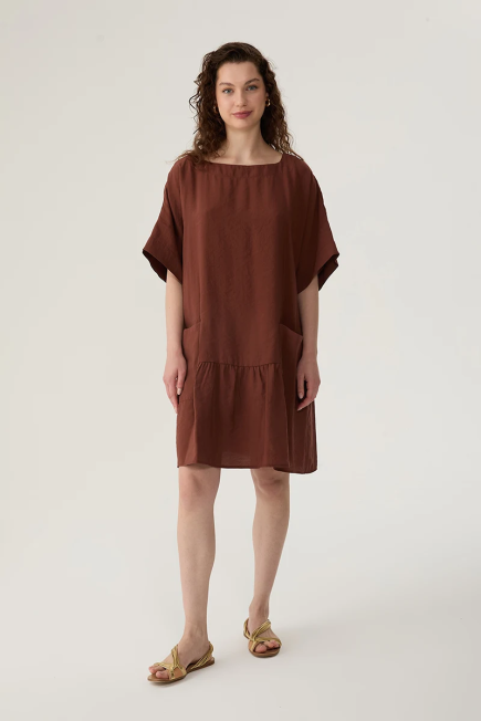 Relaxed Fit Short Sleeve Short Dress - Brown Brown