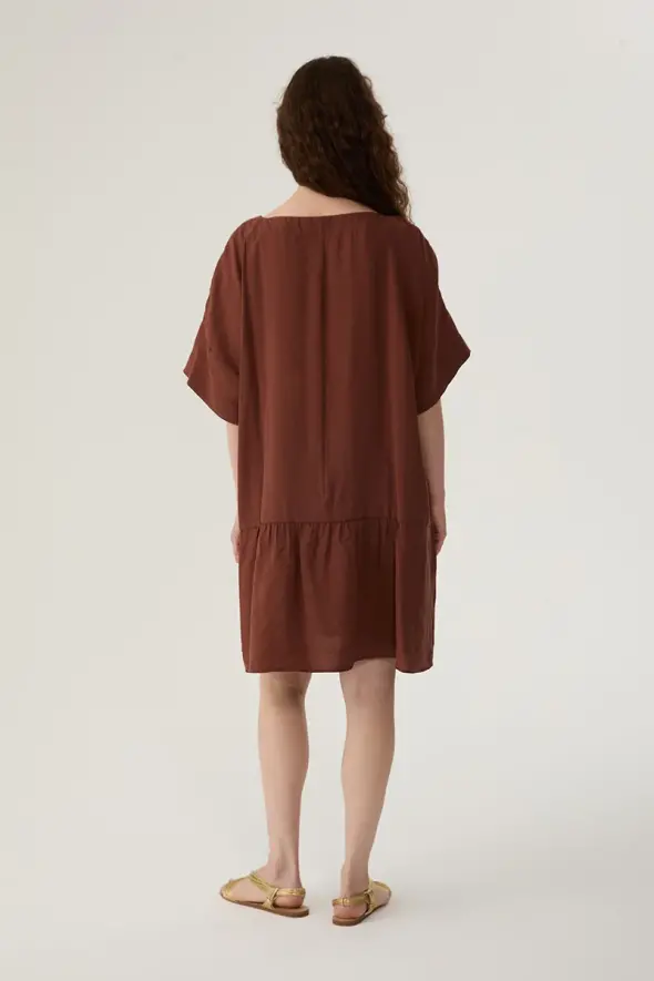 Relaxed Fit Short Sleeve Short Dress - Brown - 4