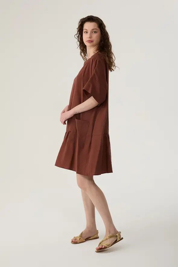 Relaxed Fit Short Sleeve Short Dress - Brown - 3