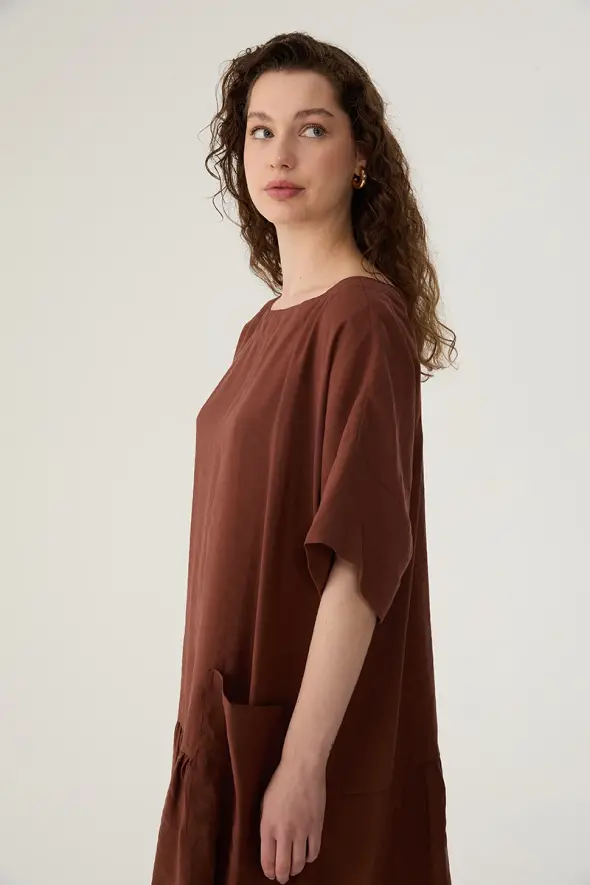 Relaxed Fit Short Sleeve Short Dress - Brown - 2