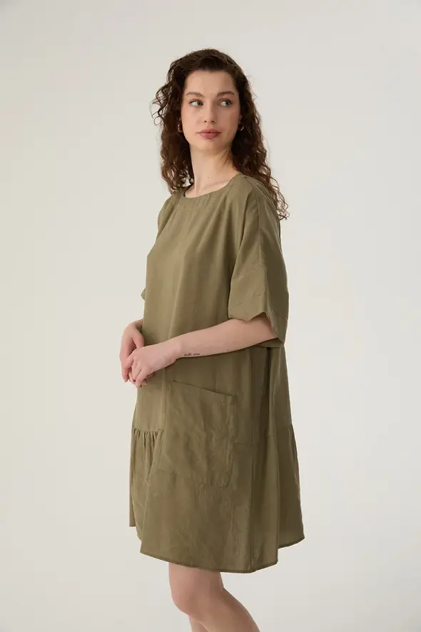 Relaxed Fit Short Sleeve Short Dress - Khaki - 2