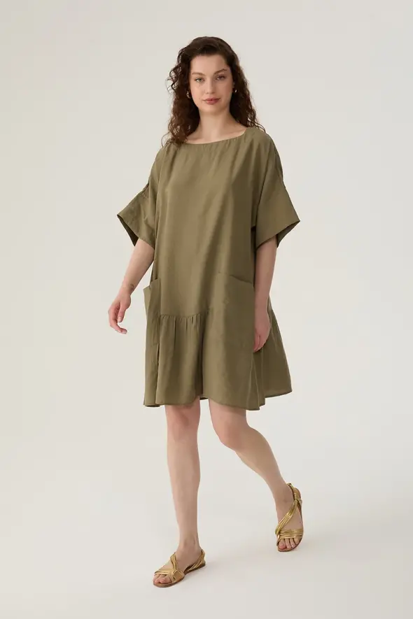 Relaxed Fit Short Sleeve Short Dress - Khaki - 3