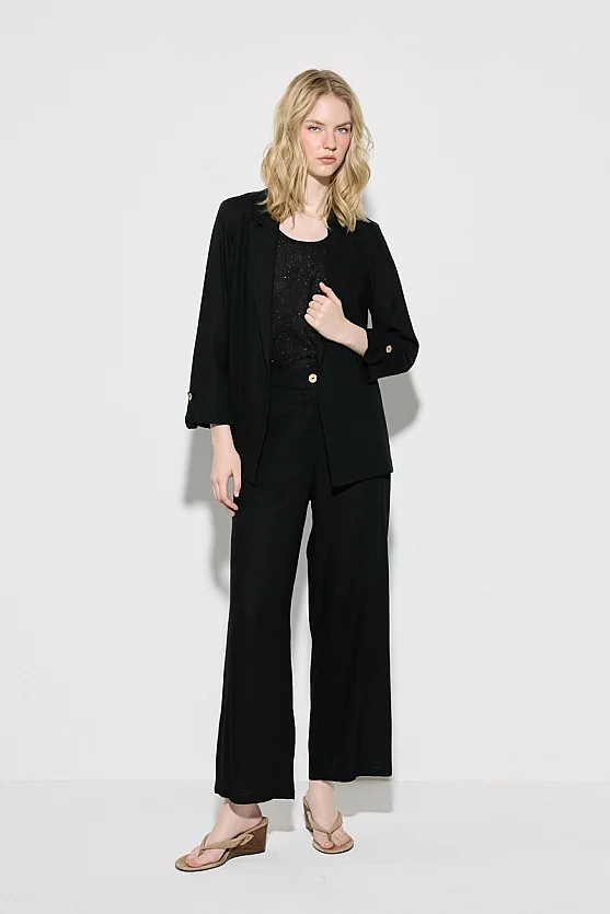 Relaxed Fit Unlined Viscose Linen Jacket - Black - Gusto