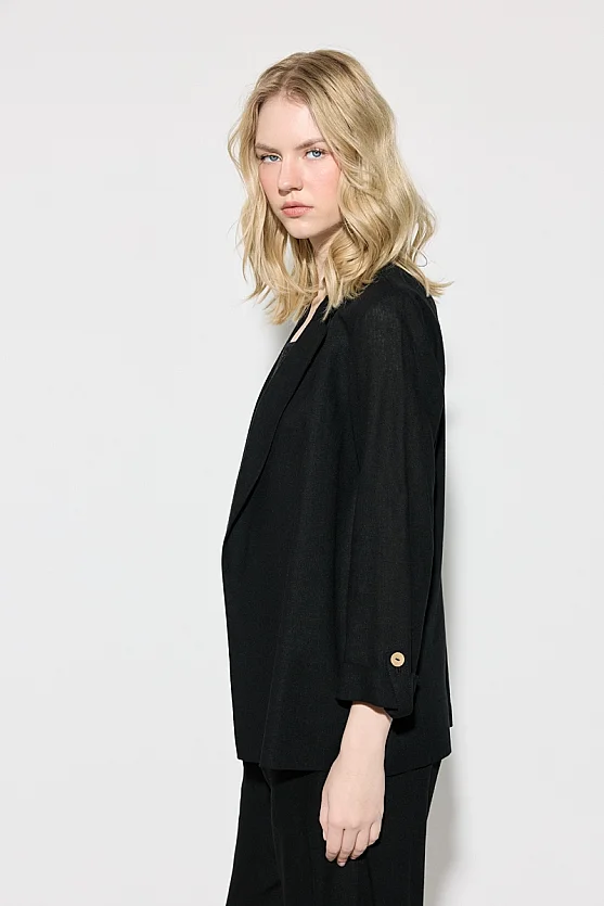 Relaxed Fit Unlined Viscose Linen Jacket - Black - 7