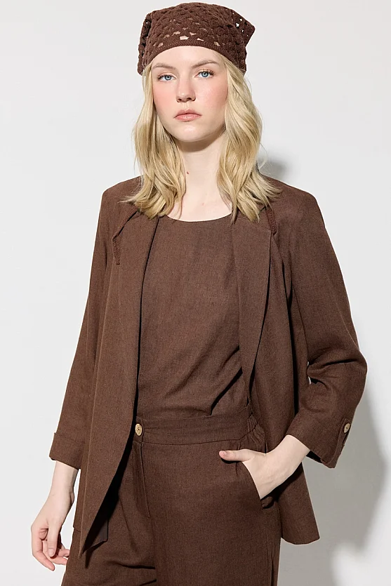 Relaxed Fit Unlined Viscose Linen Jacket - Brown - Gusto