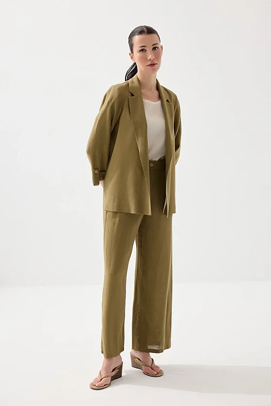 Relaxed Fit Unlined Viscose Linen Jacket - Khaki - Gusto