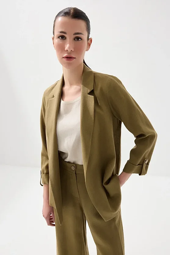Relaxed Fit Unlined Viscose Linen Jacket - Khaki - Gusto