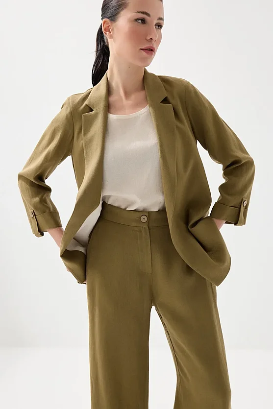 Relaxed Fit Unlined Viscose Linen Jacket - Khaki - 3