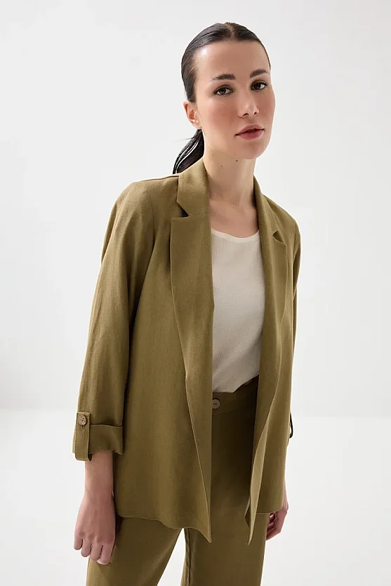 Relaxed Fit Unlined Viscose Linen Jacket - Khaki - 4