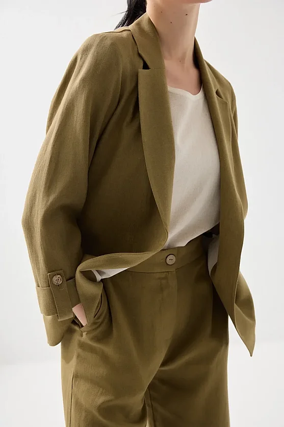 Relaxed Fit Unlined Viscose Linen Jacket - Khaki - 5