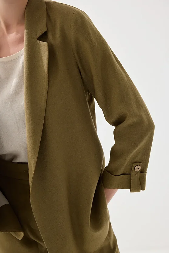 Relaxed Fit Unlined Viscose Linen Jacket - Khaki - Gusto