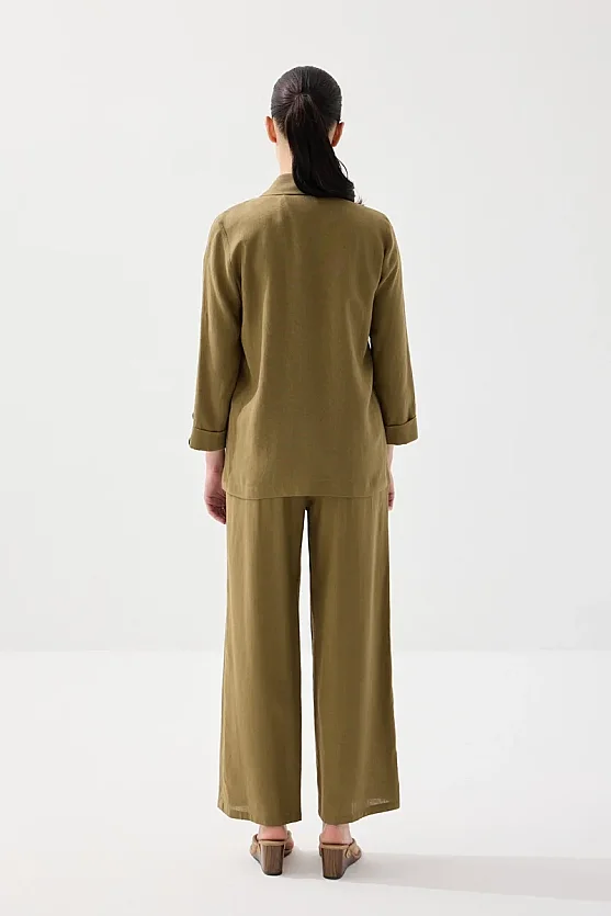 Relaxed Fit Unlined Viscose Linen Jacket - Khaki - Gusto