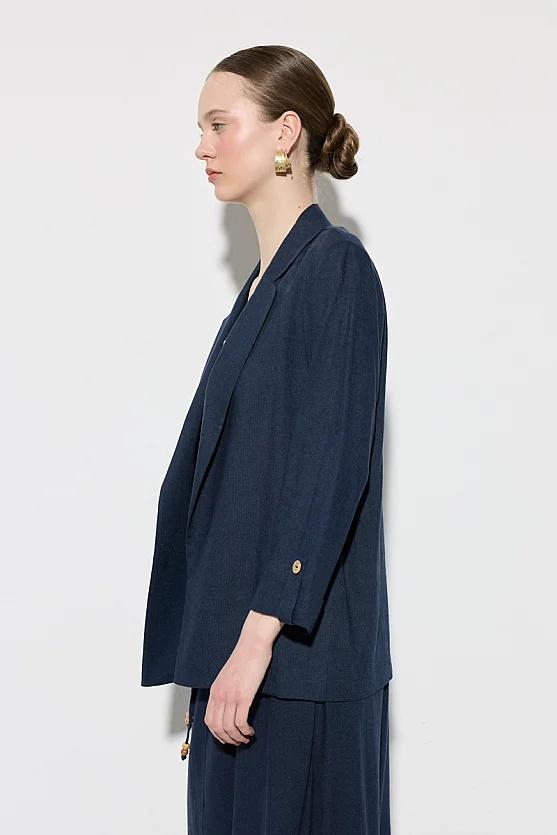 Relaxed Fit Unlined Viscose Linen Jacket - Navy Blue - 4