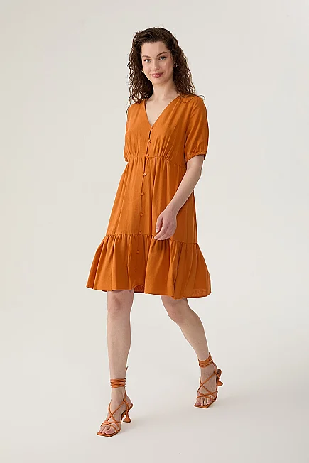 Relaxed Fit V-Neck Linen Dress - Orange - Gusto