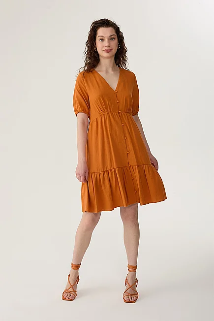 Relaxed Fit V-Neck Linen Dress - Orange - Gusto