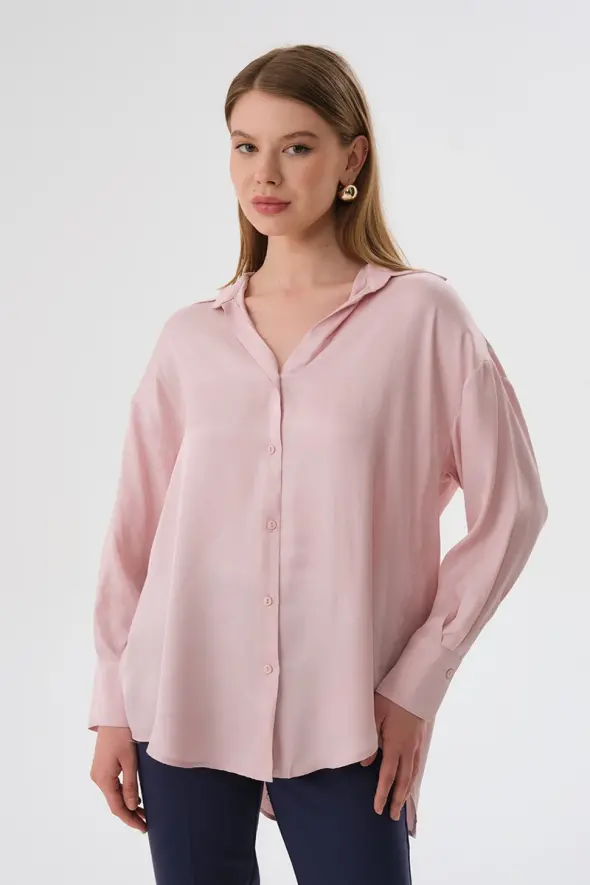 Relaxed Fit Viscose Satin Shirt - Dusty Pink - 1