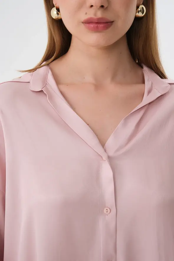 Relaxed Fit Viscose Satin Shirt - Dusty Pink - 3