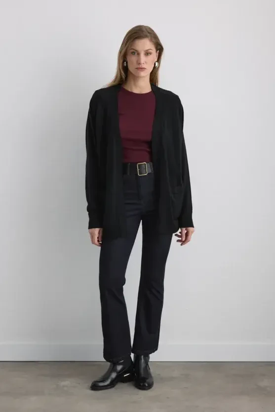 Relaxed-Fit Wool Knit Cardigan - Black - Gusto