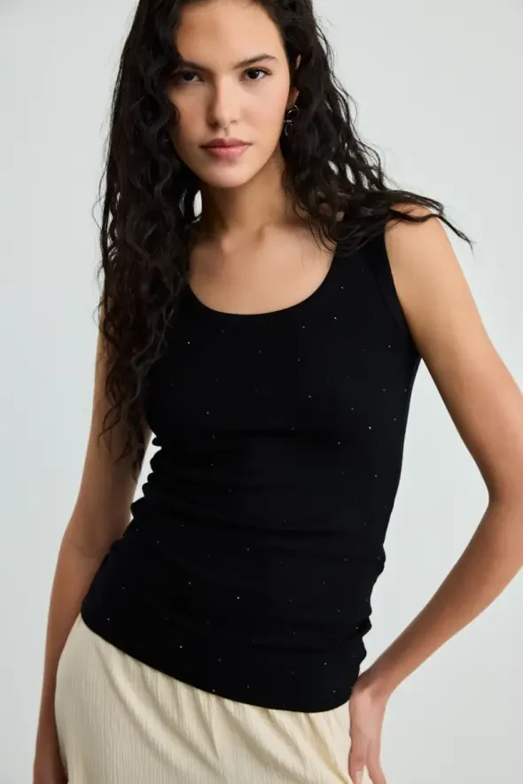 Rhinestone Viscose Ribbed Tank Top - Black - 1