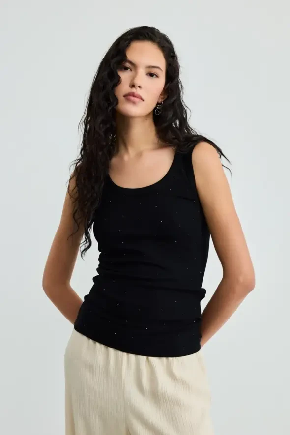 Rhinestone Viscose Ribbed Tank Top - Black - 3
