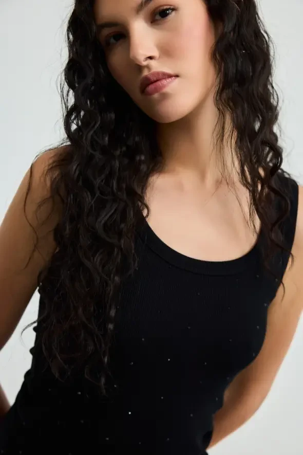 Rhinestone Viscose Ribbed Tank Top - Black - 4