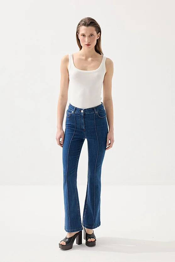 Ribbed Flare Denim Pants - Navy Blue - Gusto