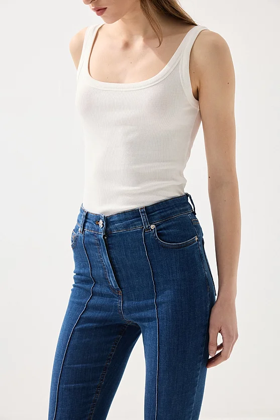 Ribbed Flare Denim Pants - Navy Blue - Gusto