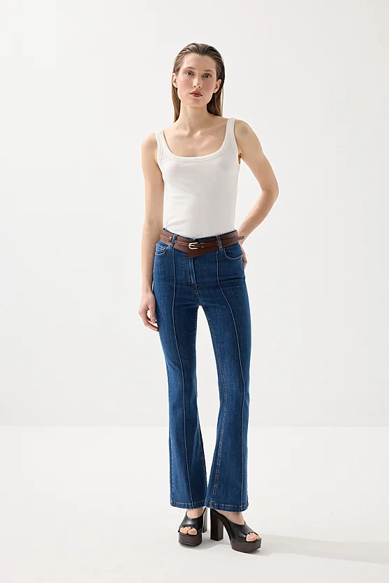 Ribbed Flare Denim Pants - Navy Blue - Gusto