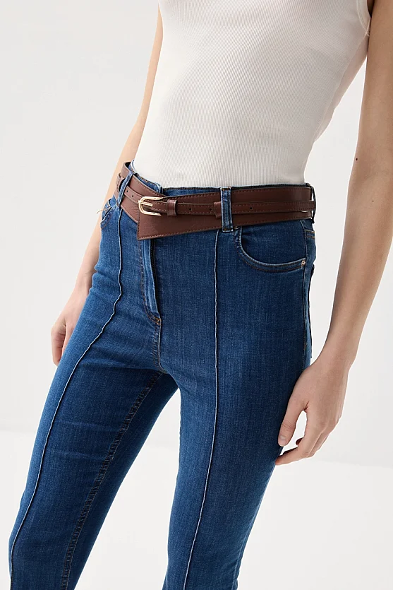 Ribbed Flare Denim Pants - Navy Blue - Gusto