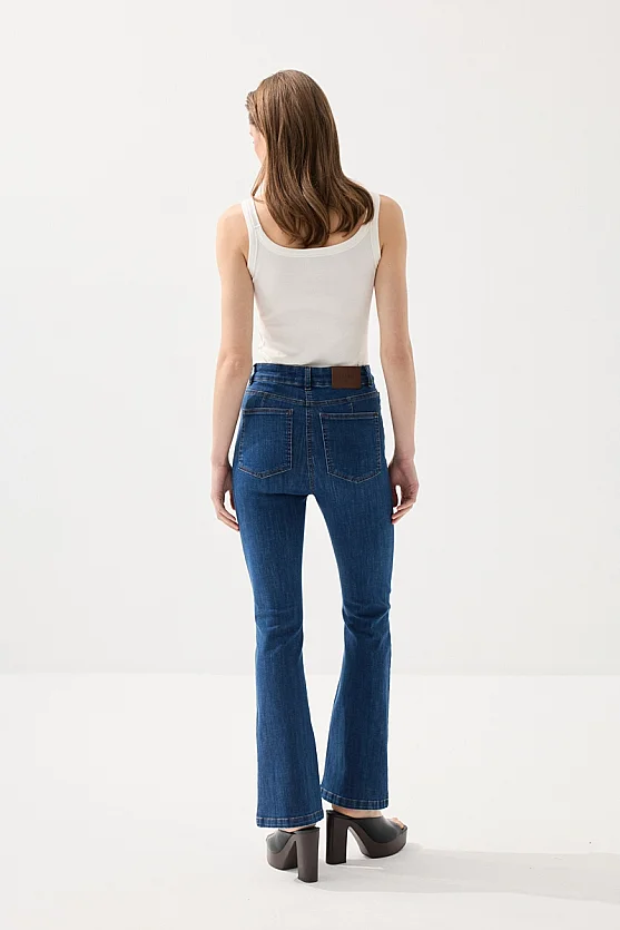 Ribbed Flare Denim Pants - Navy Blue - Gusto