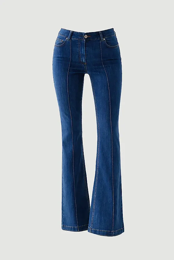 Ribbed Flare Denim Pants - Navy Blue - 7