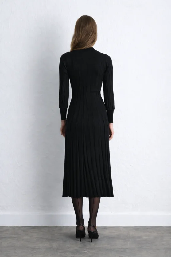 Ribbed Knit Wool Dress Black - Gusto