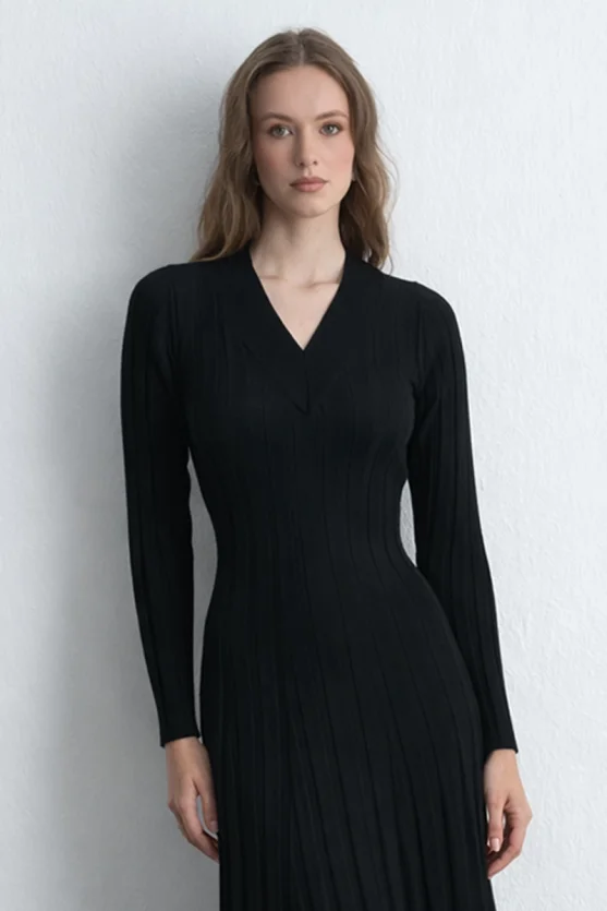 Ribbed Knit Wool Dress Black - 3
