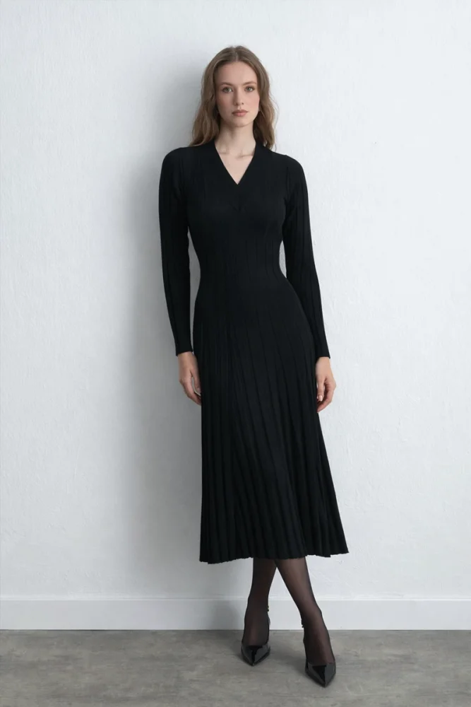 Ribbed Knit Wool Dress Black Black