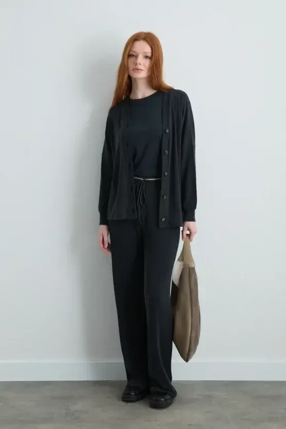 Ribbed Modal Knit Wide-Leg Pants - Gray - Gusto