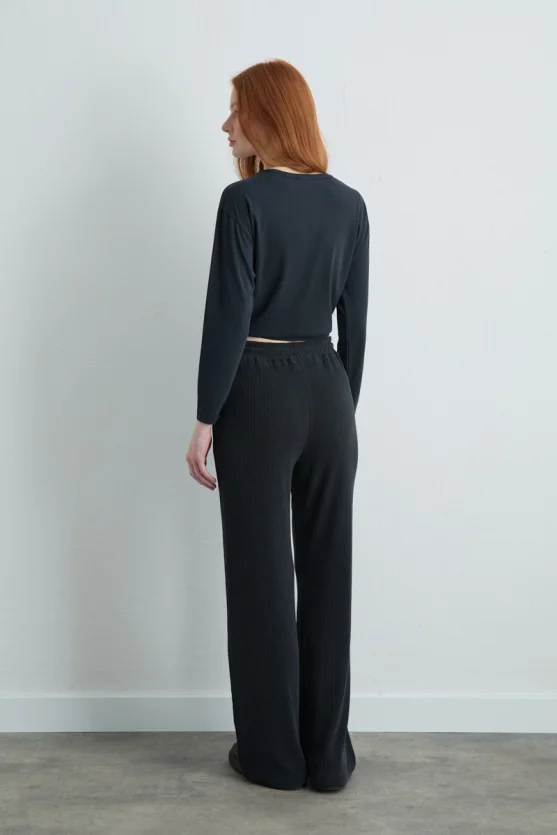 Ribbed Modal Knit Wide Leg Pants Gray - 5