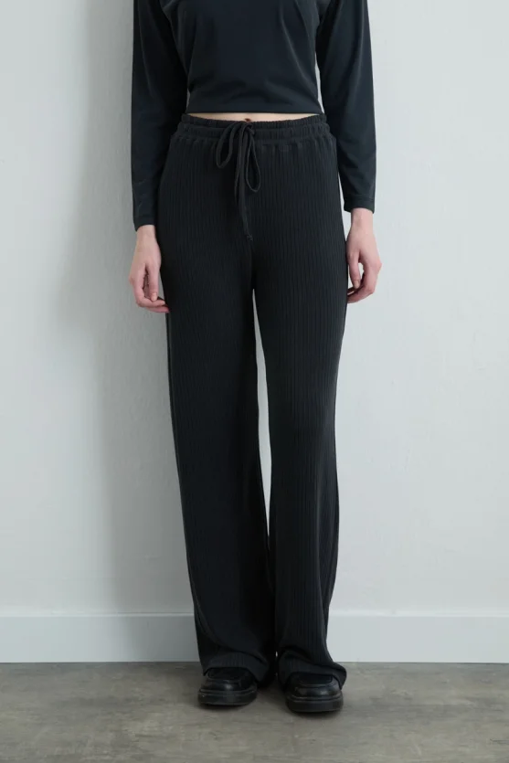 Ribbed Modal Knit Wide Leg Pants Gray - 2