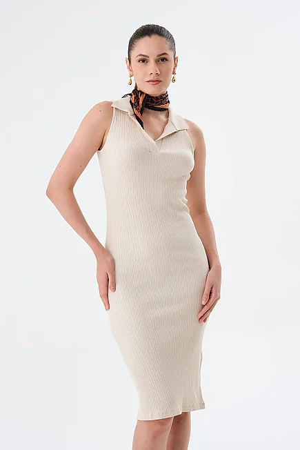 Ribbed Polo Neck Dress - Beige - Gusto