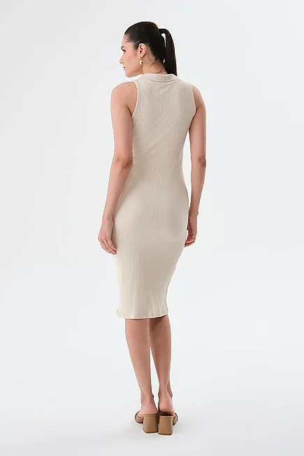 Ribbed Polo Neck Dress - Beige - Gusto