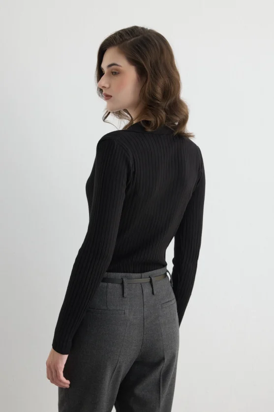 Ribbed Polo Neck Knit Blouse - Black - 6