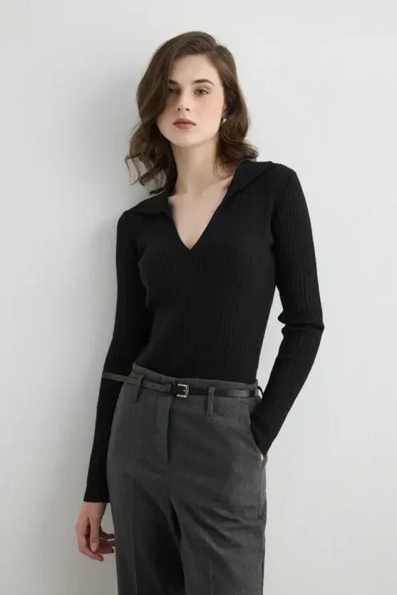 Ribbed Polo Neck Knit Blouse - Black - Gusto