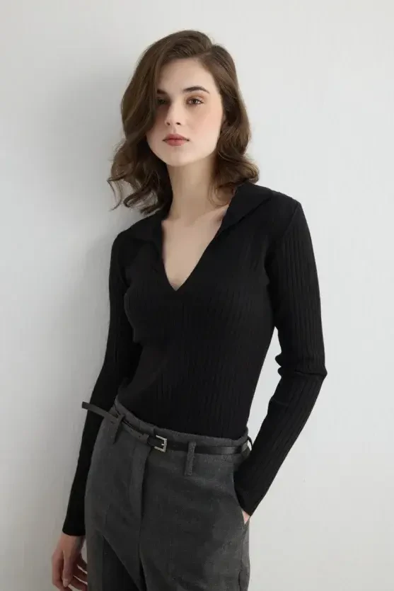 Ribbed Polo Neck Knit Blouse - Black - Gusto
