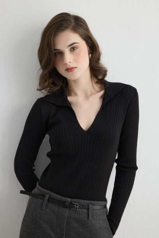 Ribbed Polo Neck Knit Blouse Black - Gusto