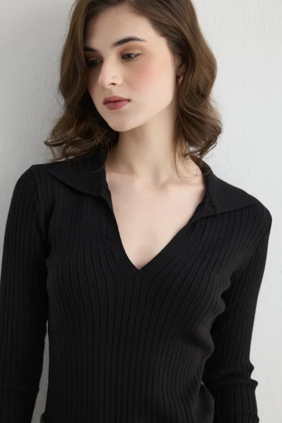 Ribbed Polo Neck Knit Blouse Black - Gusto