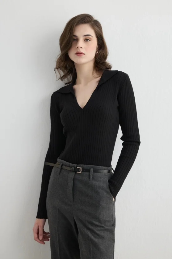 Ribbed Polo Neck Knit Blouse Black - 1